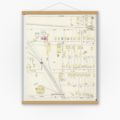 Old map wall art mockup — magnetic wood frame on white wall — Sanborn Fire Insurance Map from Salem, Columbiana County, Ohio (1915), Sheet #0003