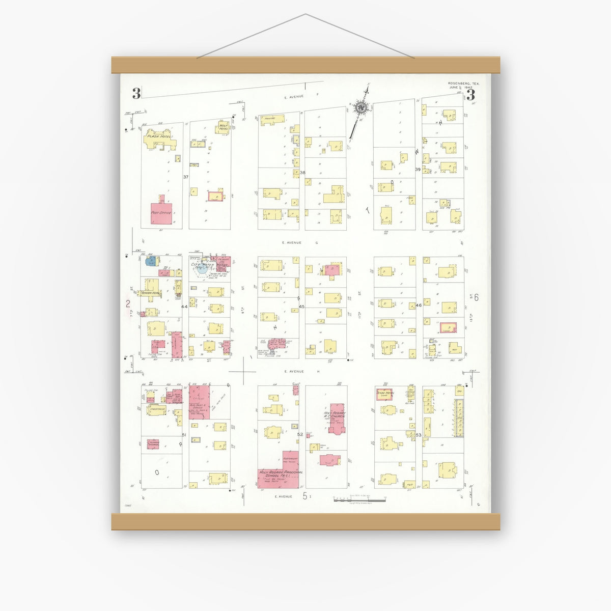 Old map wall art mockup — magnetic wood frame on white wall — Sanborn Fire Insurance Map from Rosenberg, Fort Bend County, Texas (1942), Sheet #0003