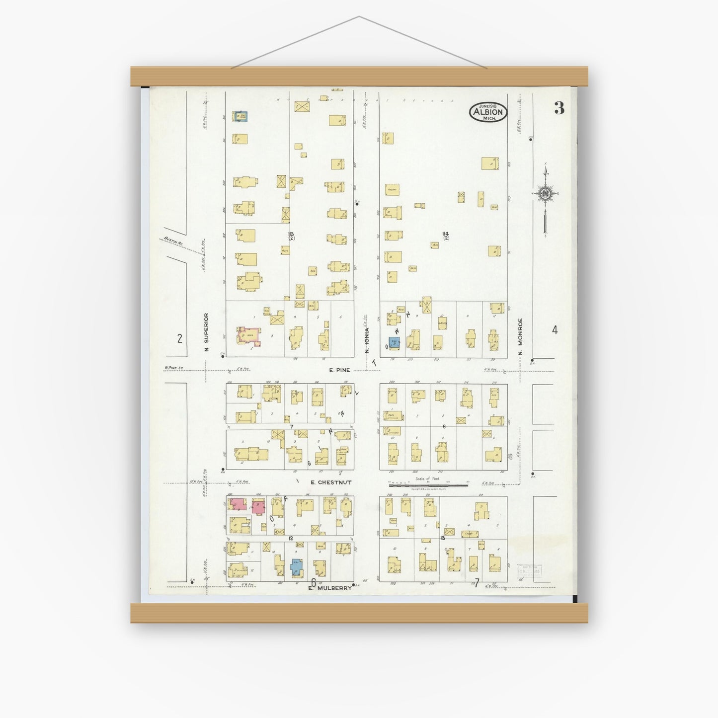 Old map wall art mockup — magnetic wood frame on white wall — Sanborn Fire Insurance Map from Albion, Calhoun County, Michigan (1918), Sheet #0003