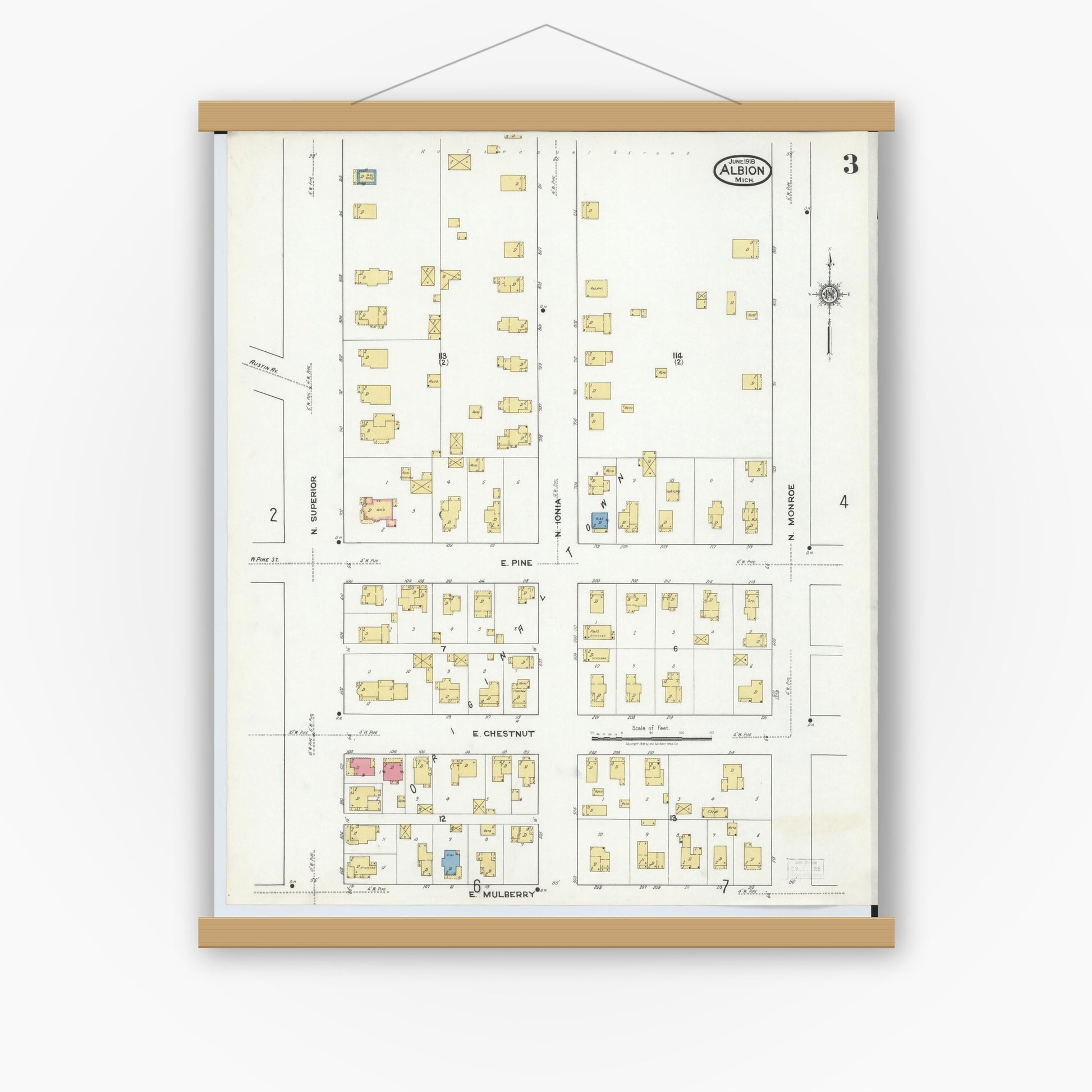 Old map wall art mockup — magnetic wood frame on white wall — Sanborn Fire Insurance Map from Albion, Calhoun County, Michigan (1918), Sheet #0003