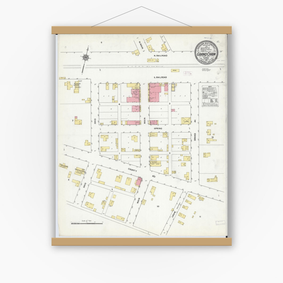 Old map wall art mockup — magnetic wood frame on white wall — Sanborn Fire Insurance Map from Grand Chain, Pulaski County, Illinois (1911), Sheet #0001