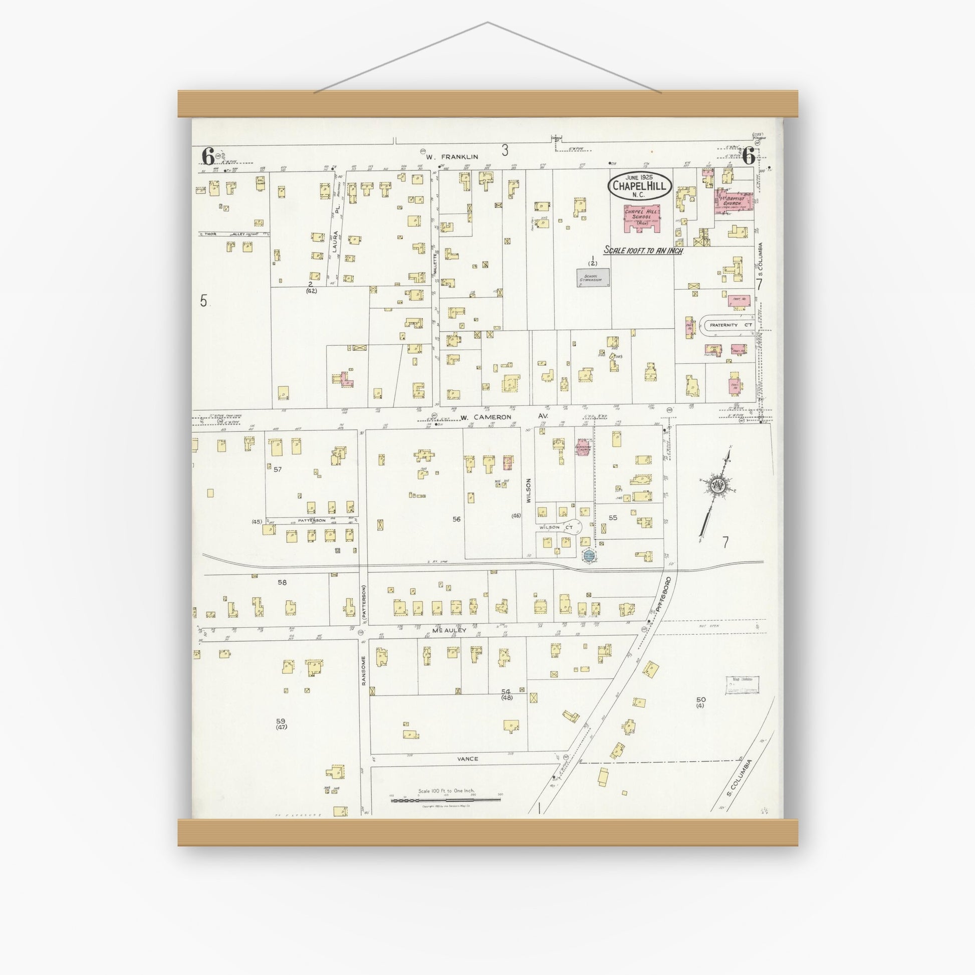 Old map wall art mockup — magnetic wood frame on white wall — Sanborn Fire Insurance Map from Chapel Hill, Orange County, North Carolina (1925), Sheet #0006