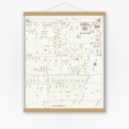 Old map wall art mockup — magnetic wood frame on white wall — Sanborn Fire Insurance Map from Chapel Hill, Orange County, North Carolina (1925), Sheet #0006