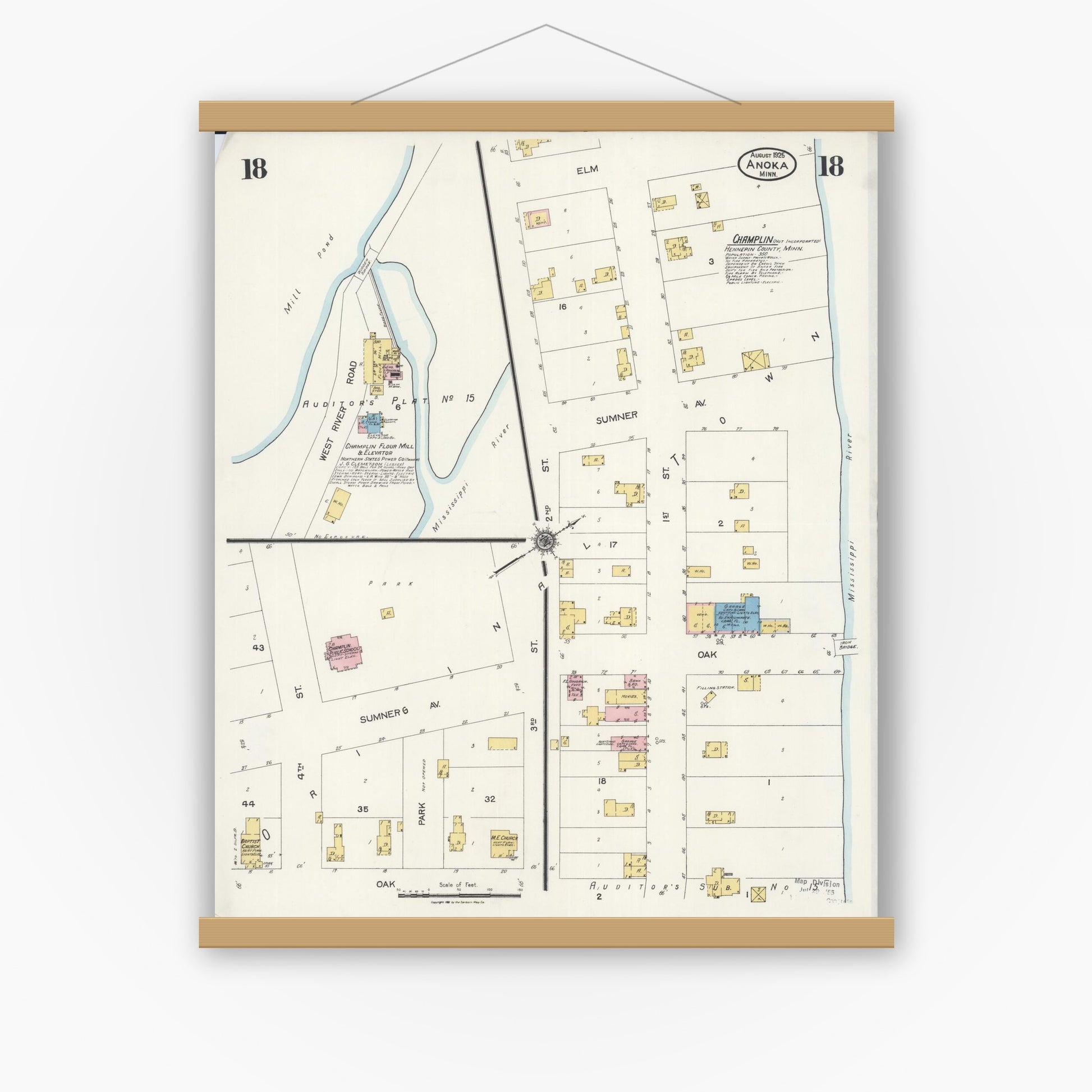 Old map wall art mockup — magnetic wood frame on white wall — Sanborn Fire Insurance Map from Anoka, Anoka County, Minnesota (1925), Sheet #0018