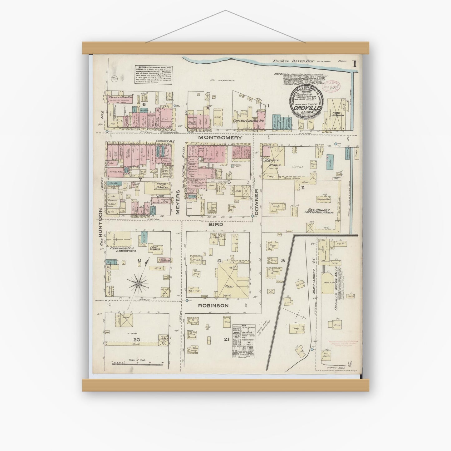 Old map wall art mockup — magnetic wood frame on white wall — Sanborn Fire Insurance Map from Oroville, Butte County, California (1884) - Complete Map Set