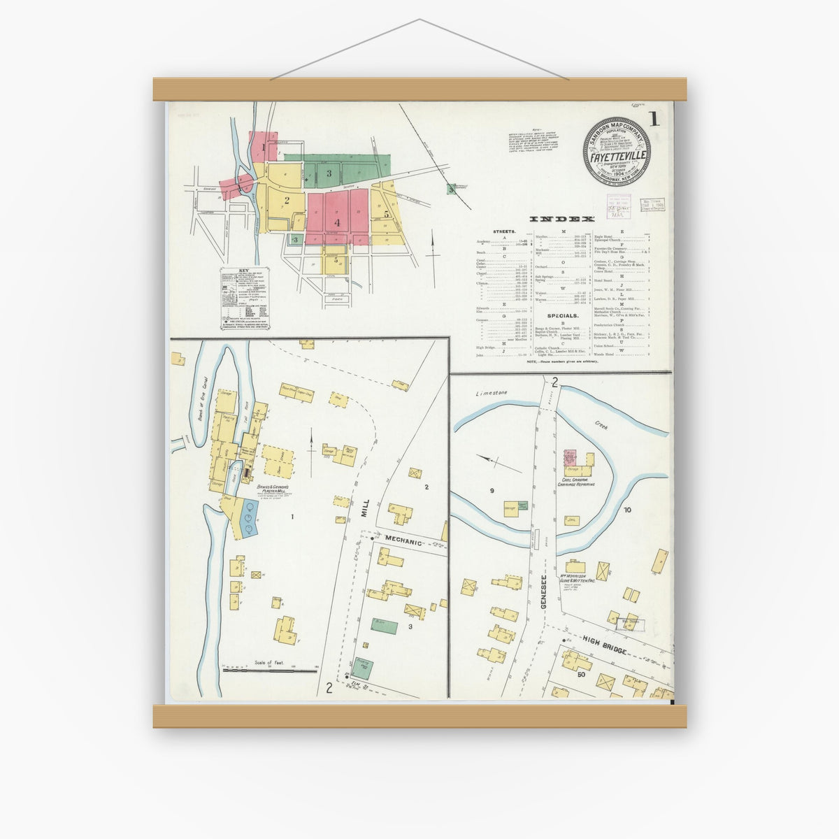 Old map wall art mockup — magnetic wood frame on white wall — Sanborn Fire Insurance Map from Fayetteville, Onondaga County, New York (1904), Sheet #0001