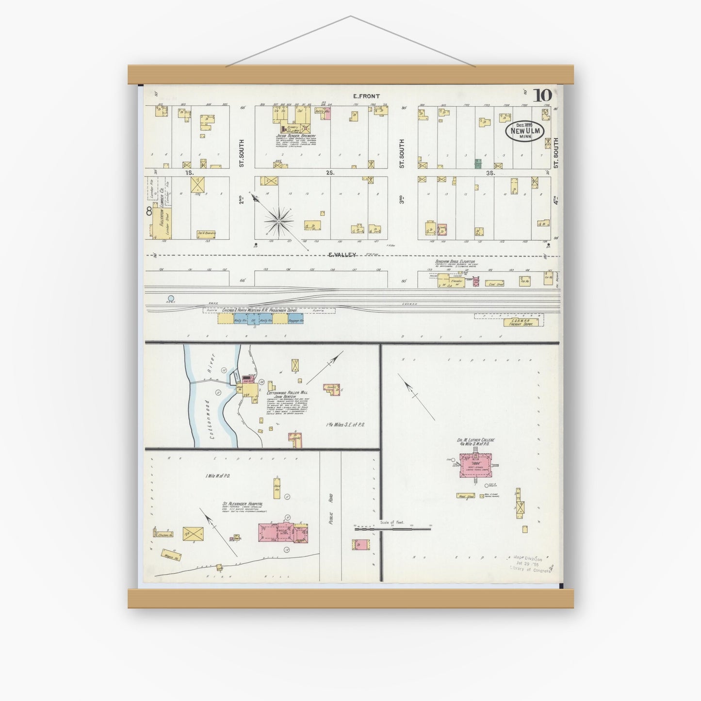 Old map wall art mockup — magnetic wood frame on white wall — Sanborn Fire Insurance Map from New Ulm, Brown County, Minnesota (1899), Sheet #0010