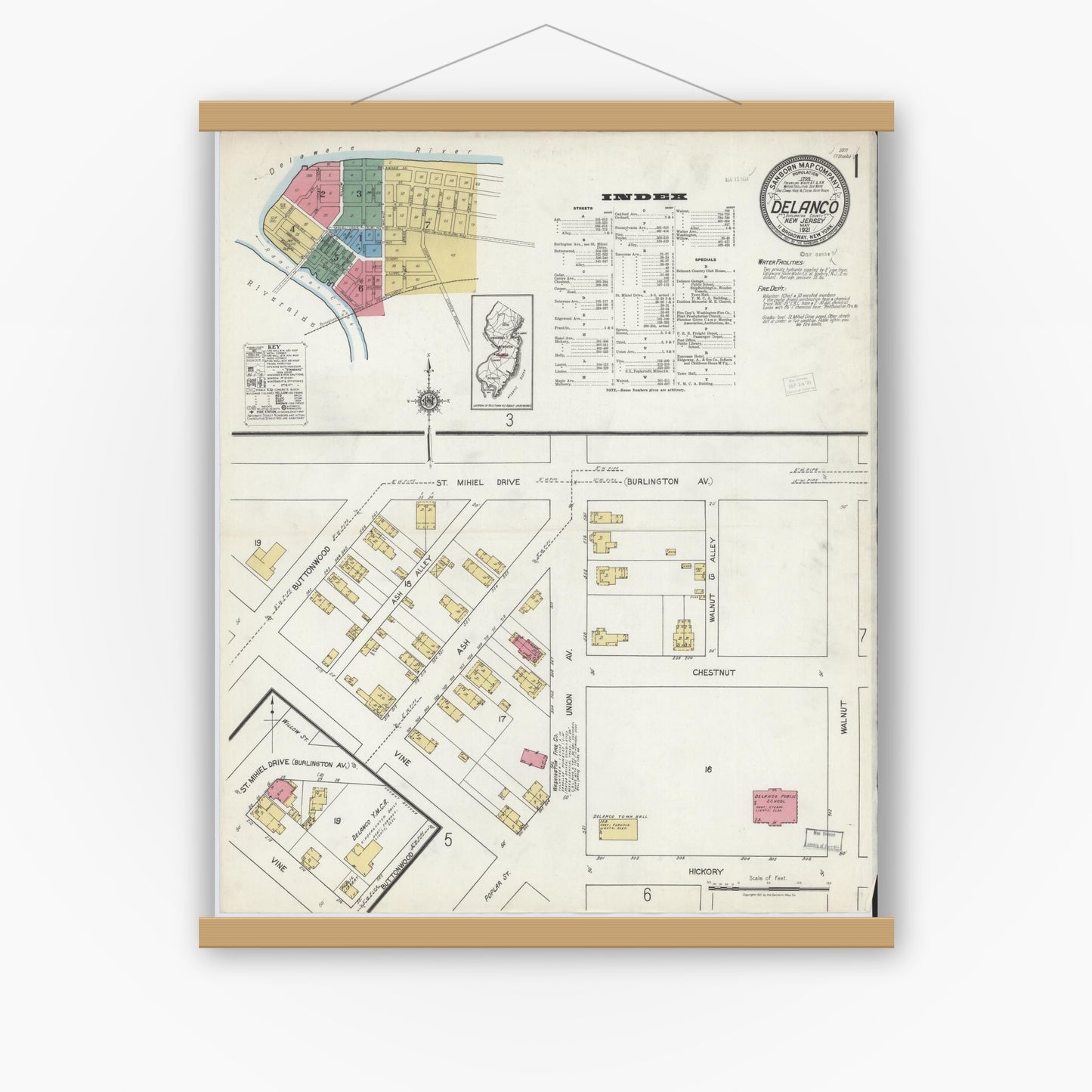 Old map wall art mockup — magnetic wood frame on white wall — Sanborn Fire Insurance Map from Delanco, Burlington County, New Jersey (1921), Sheet #0001