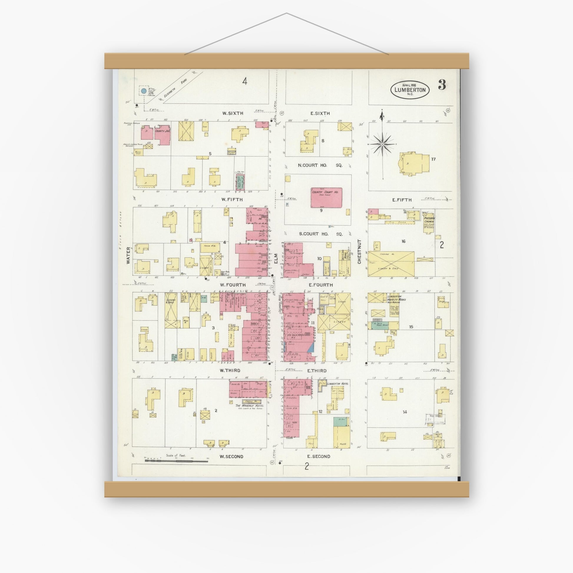 Old map wall art mockup — magnetic wood frame on white wall — Sanborn Fire Insurance Map from Lumberton, Robeson County, North Carolina (1908), Sheet #0003