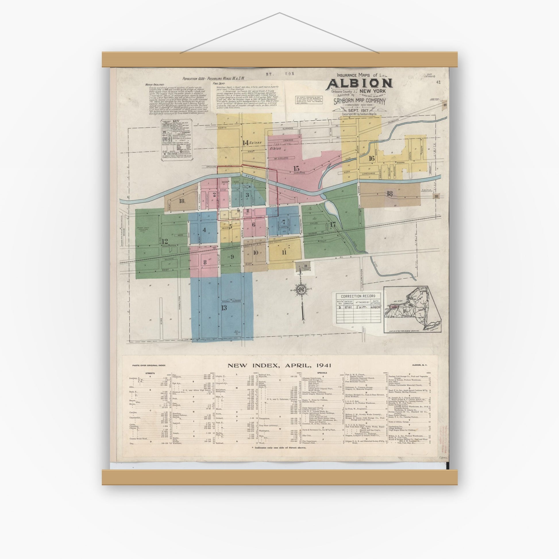 Old map wall art mockup — magnetic wood frame on white wall — Sanborn Fire Insurance Map from Albion, Orleans County, New York (1941) - Complete Map Set