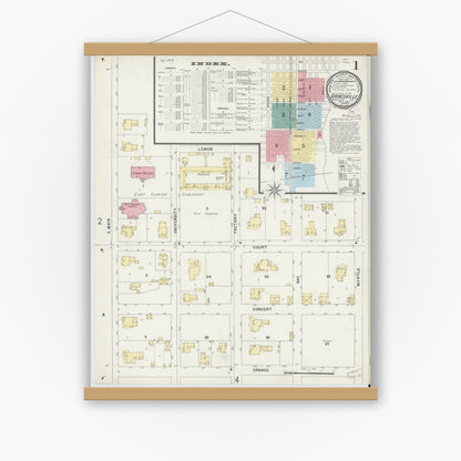 Old map wall art mockup — magnetic wood frame on white wall — Sanborn Fire Insurance Map from Gainesville, Alachua County, Florida (1897), Sheet #0001