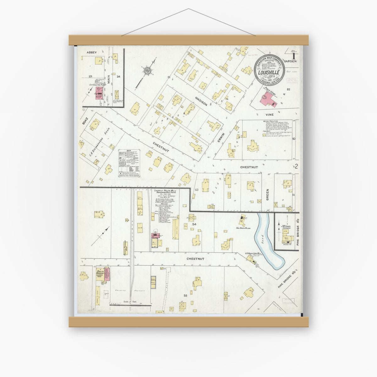 Old map wall art mockup — magnetic wood frame on white wall — Sanborn Fire Insurance Map from Louisville, Clay County, Illinois (1910), Sheet #0001
