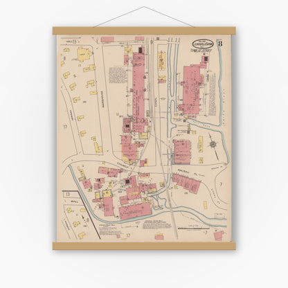 Old map wall art mockup — magnetic wood frame on white wall — Sanborn Fire Insurance Map from Leaksville-spray, Rockingham County, North Carolina (1921), Sheet #0008