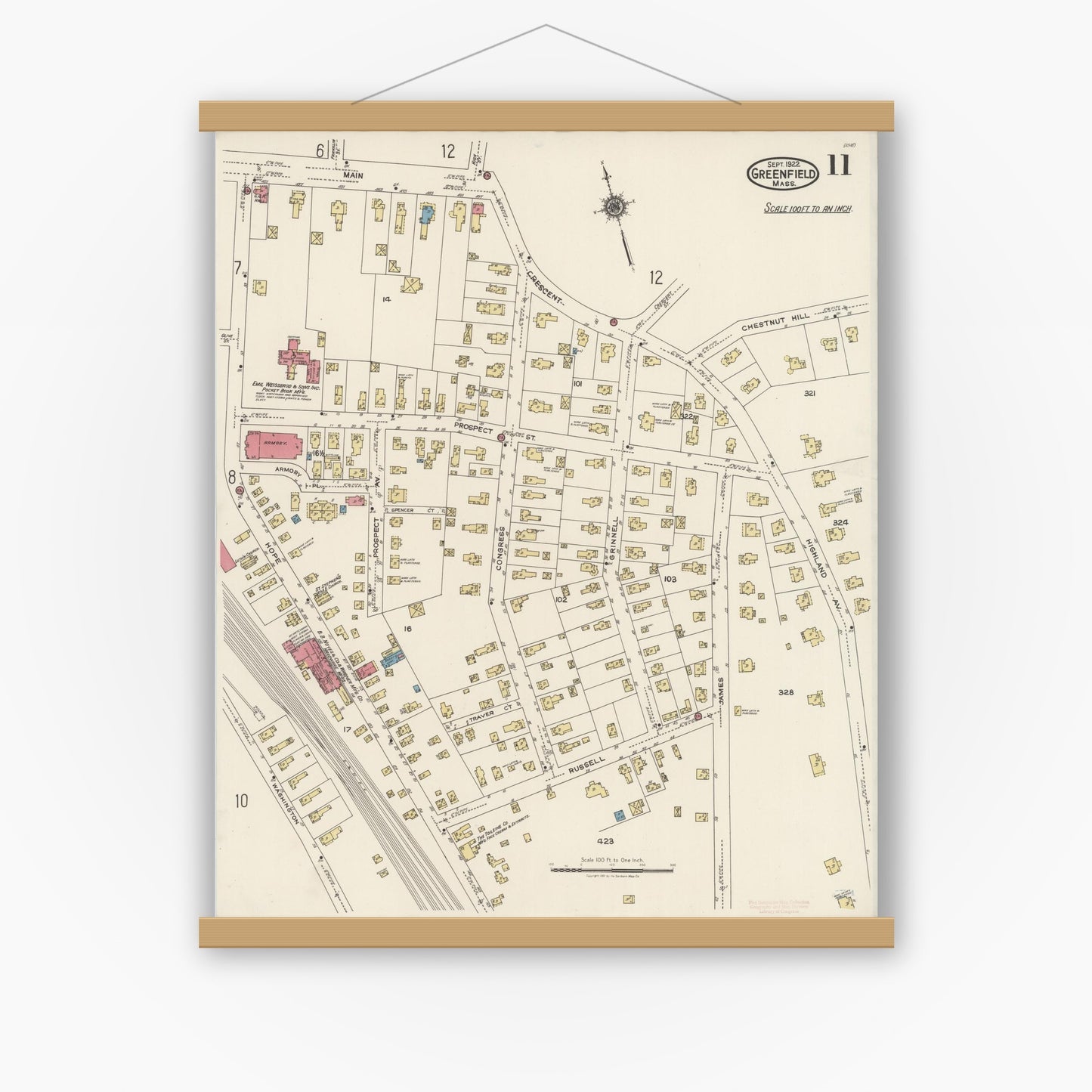 Old map wall art mockup — magnetic wood frame on white wall — Sanborn Fire Insurance Map from Greenfield, Franklin County, Massachusetts (1922), Sheet #0011