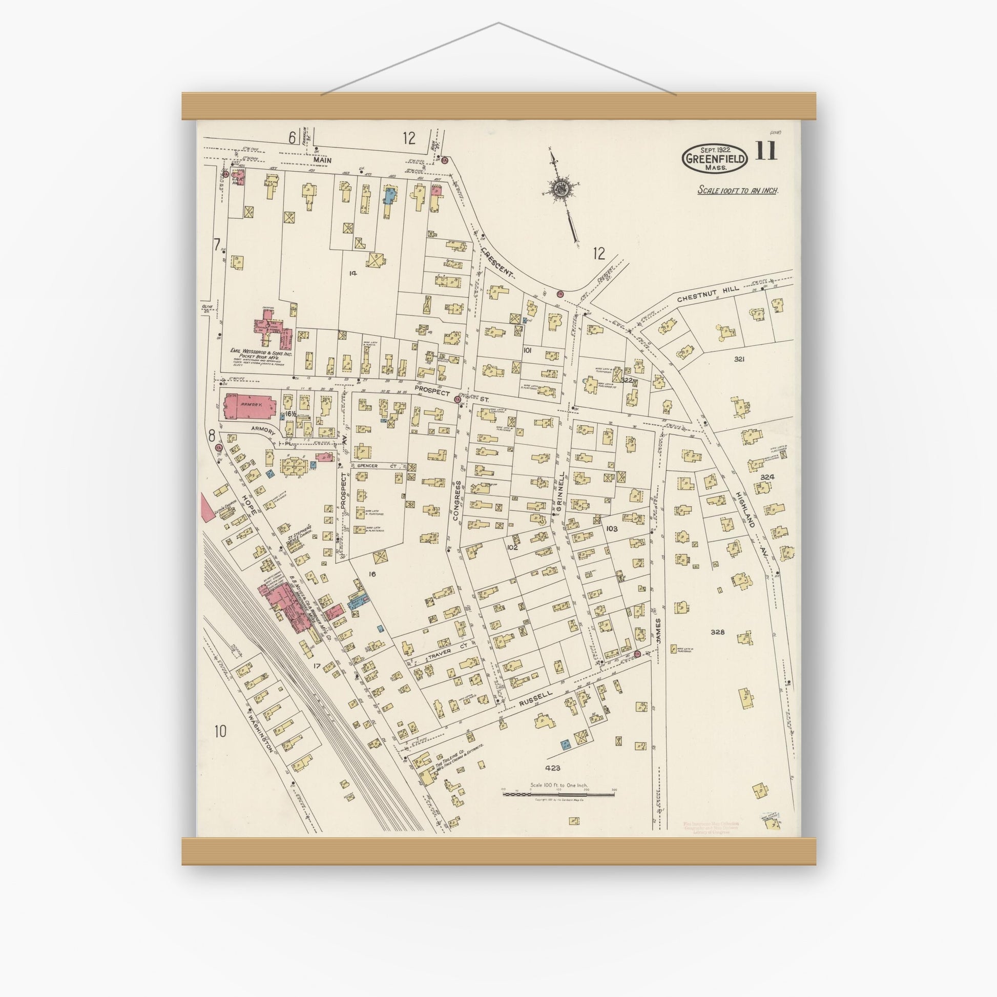 Old map wall art mockup — magnetic wood frame on white wall — Sanborn Fire Insurance Map from Greenfield, Franklin County, Massachusetts (1922), Sheet #0011