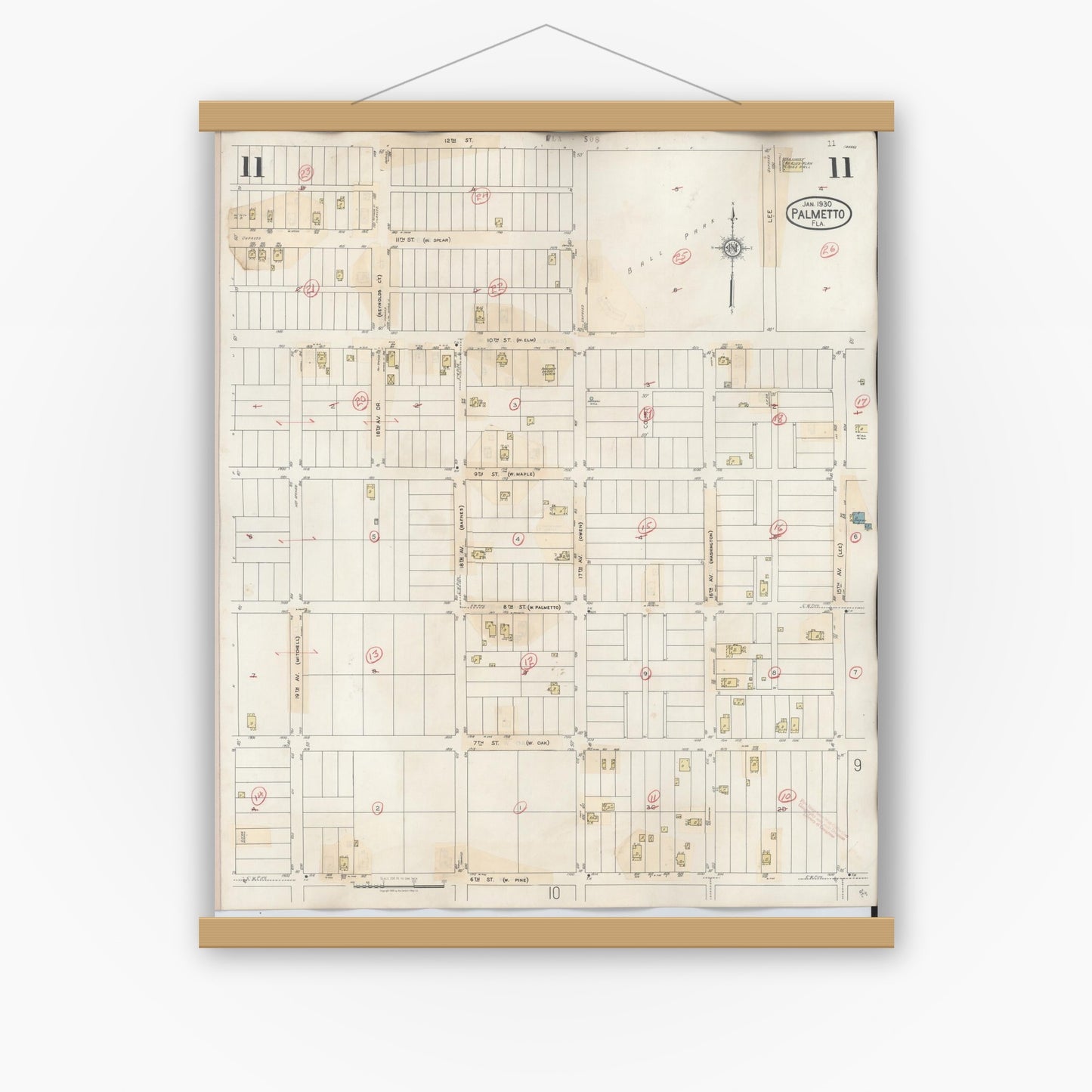 Old map wall art mockup — magnetic wood frame on white wall — Sanborn Fire Insurance Map from Palmetto, Manatee County, Florida (1944), Sheet #0011