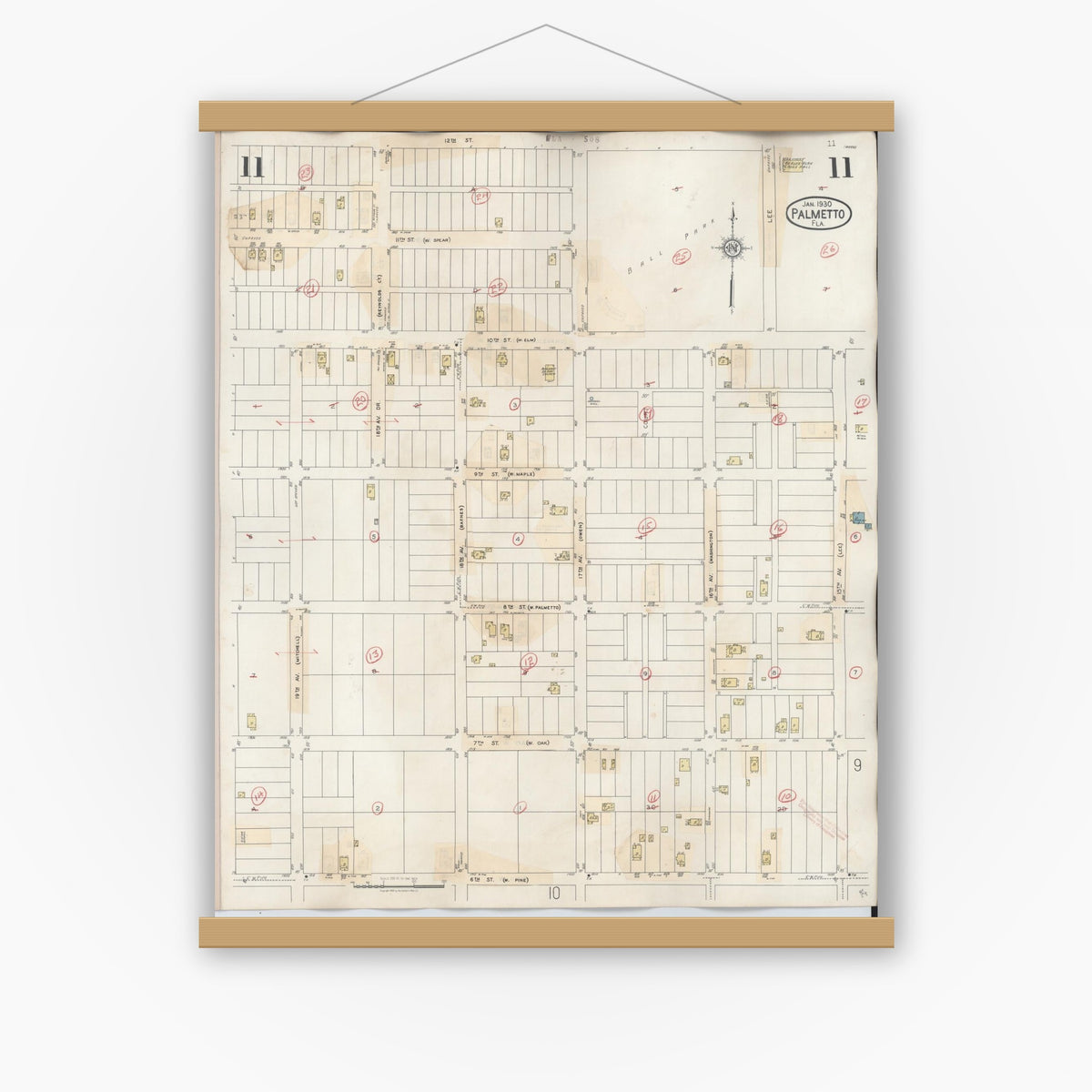 Old map wall art mockup — magnetic wood frame on white wall — Sanborn Fire Insurance Map from Palmetto, Manatee County, Florida (1944), Sheet #0011