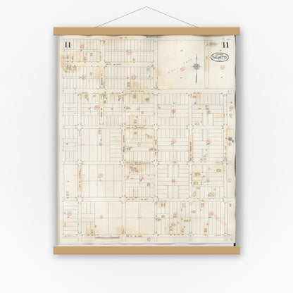 Old map wall art mockup — magnetic wood frame on white wall — Sanborn Fire Insurance Map from Palmetto, Manatee County, Florida (1944), Sheet #0011