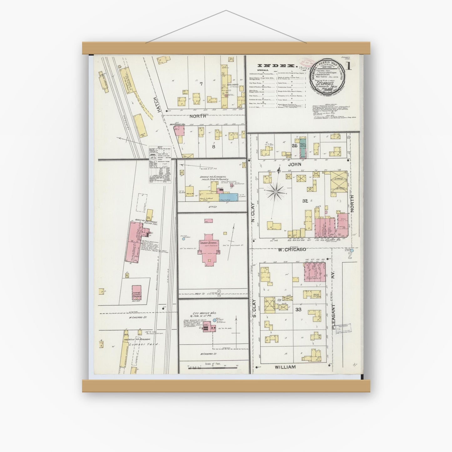 Old map wall art mockup — magnetic wood frame on white wall — Sanborn Fire Insurance Map from Sturgis, Saint Joseph County, Michigan (1892) - Complete Map Set