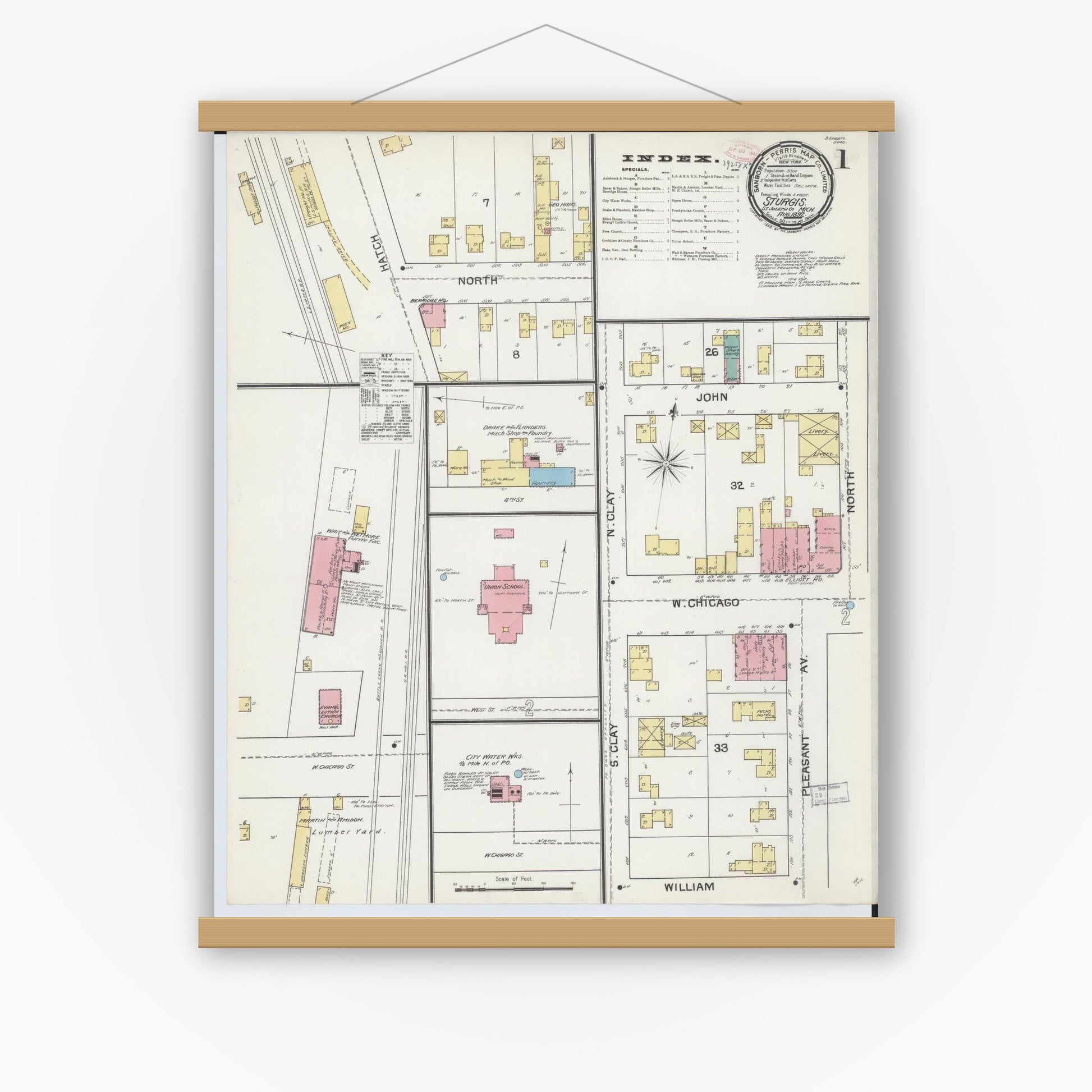 Old map wall art mockup — magnetic wood frame on white wall — Sanborn Fire Insurance Map from Sturgis, Saint Joseph County, Michigan (1892) - Complete Map Set