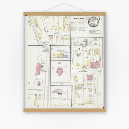 Old map wall art mockup — magnetic wood frame on white wall — Sanborn Fire Insurance Map from Sturgis, Saint Joseph County, Michigan (1892) - Complete Map Set