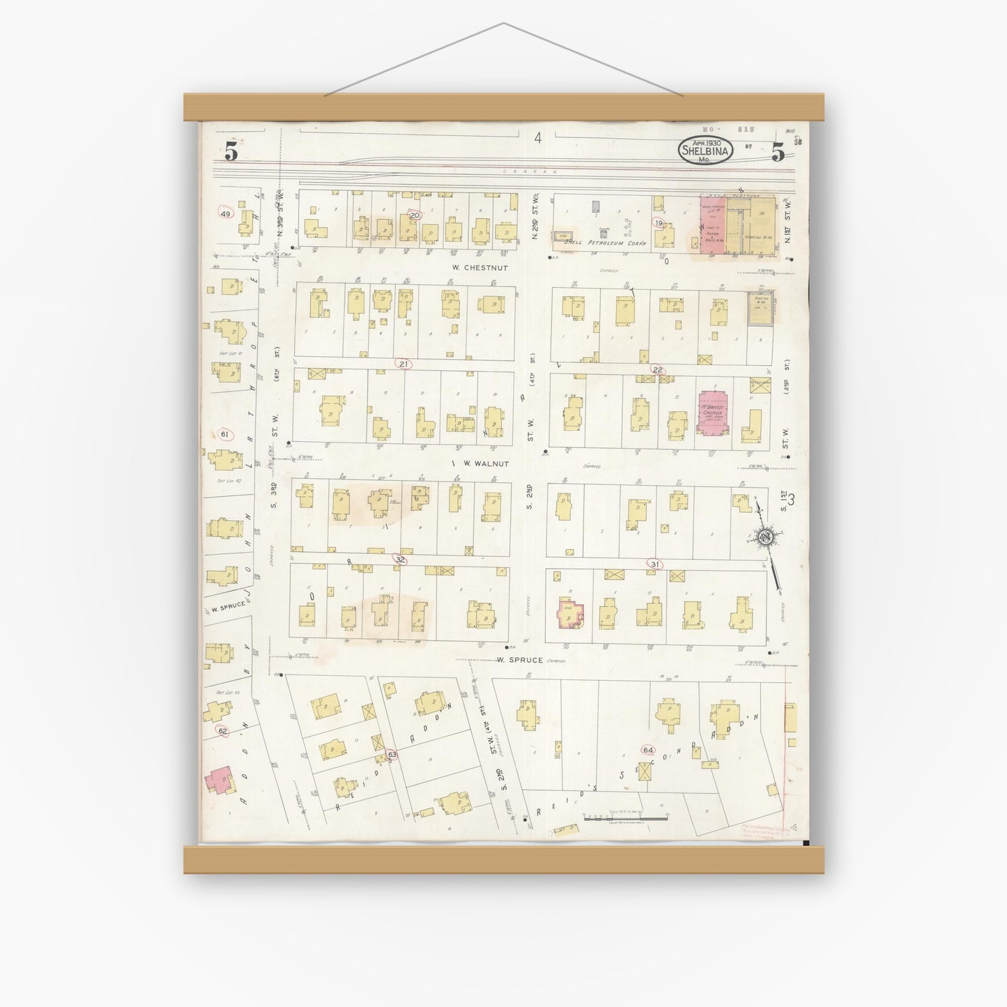 Old map wall art mockup — magnetic wood frame on white wall — Sanborn Fire Insurance Map from Shelbina, Shelby County, Missouri (1943), Sheet #0005