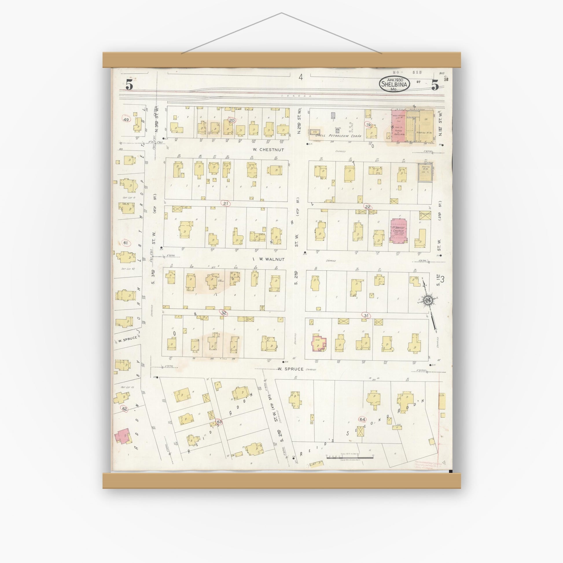 Old map wall art mockup — magnetic wood frame on white wall — Sanborn Fire Insurance Map from Shelbina, Shelby County, Missouri (1943), Sheet #0005