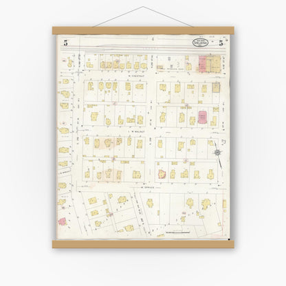Old map wall art mockup — magnetic wood frame on white wall — Sanborn Fire Insurance Map from Shelbina, Shelby County, Missouri (1943), Sheet #0005