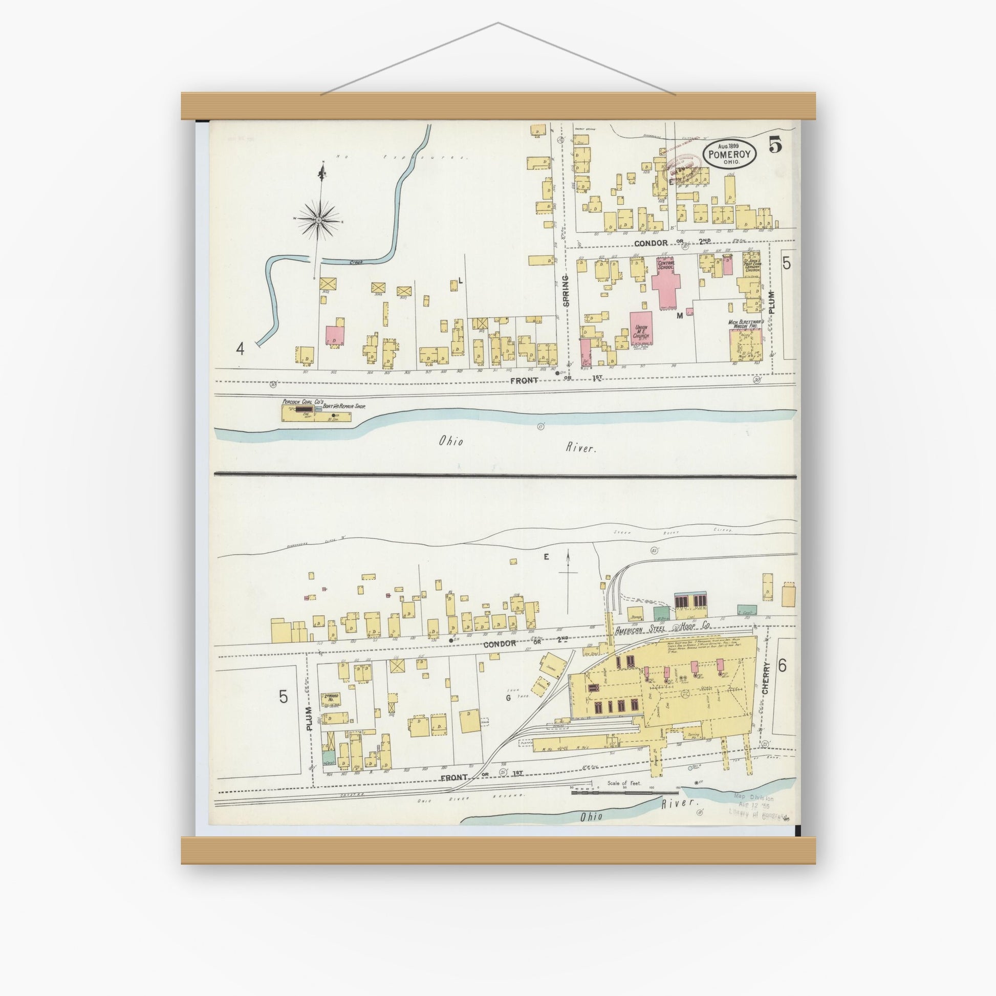 Old map wall art mockup — magnetic wood frame on white wall — Sanborn Fire Insurance Map from Pomeroy, Meigs County, Ohio (1899), Sheet #0005
