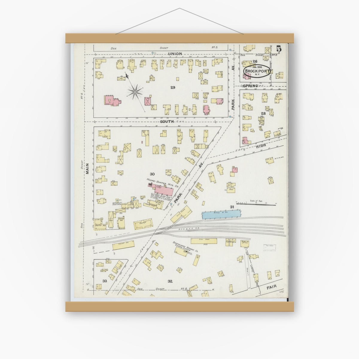 Old map wall art mockup — magnetic wood frame on white wall — Sanborn Fire Insurance Map from Brockport, Monroe County, New York (1892), Sheet #0005
