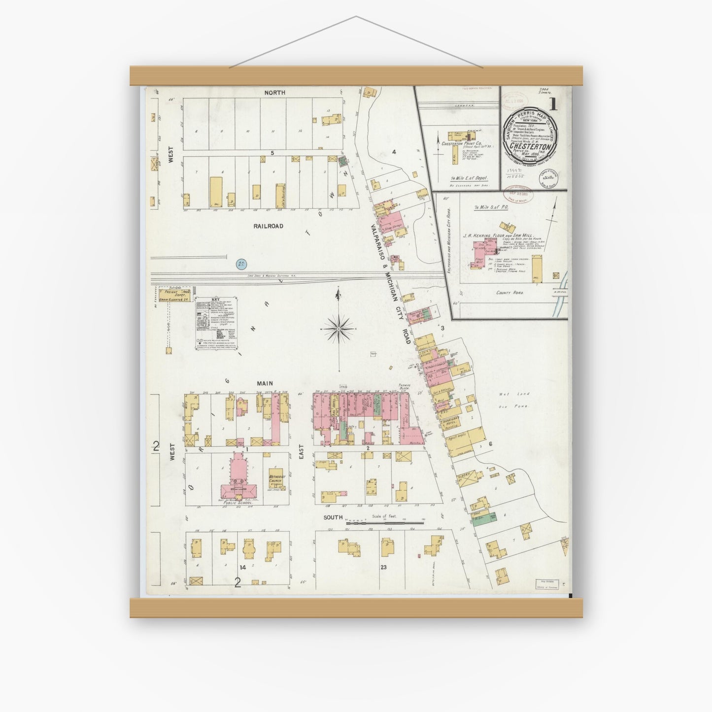 Old map wall art mockup — magnetic wood frame on white wall — Sanborn Fire Insurance Map from Chesterton, Porter County, Indiana (1899) - Complete Map Set