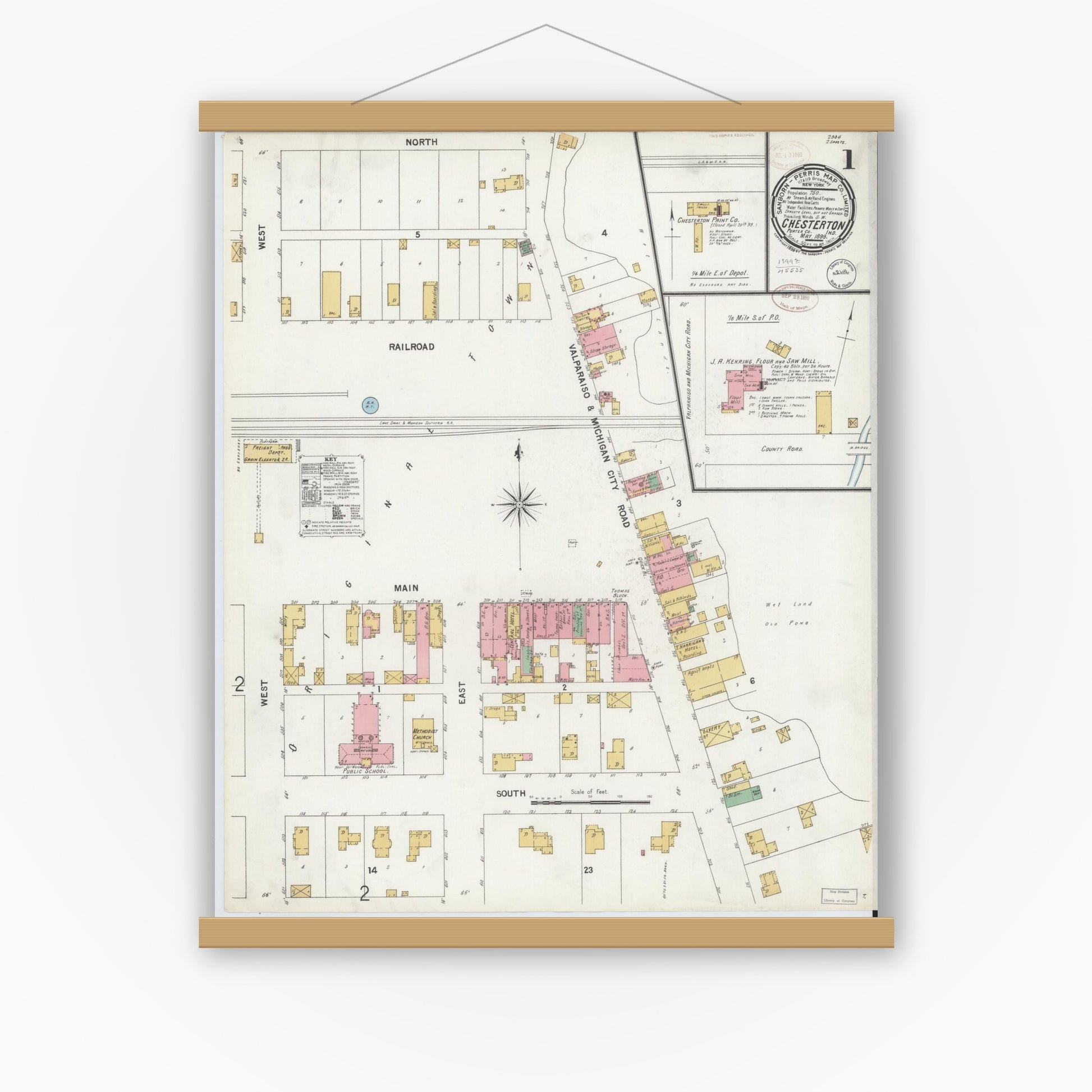 Old map wall art mockup — magnetic wood frame on white wall — Sanborn Fire Insurance Map from Chesterton, Porter County, Indiana (1899) - Complete Map Set