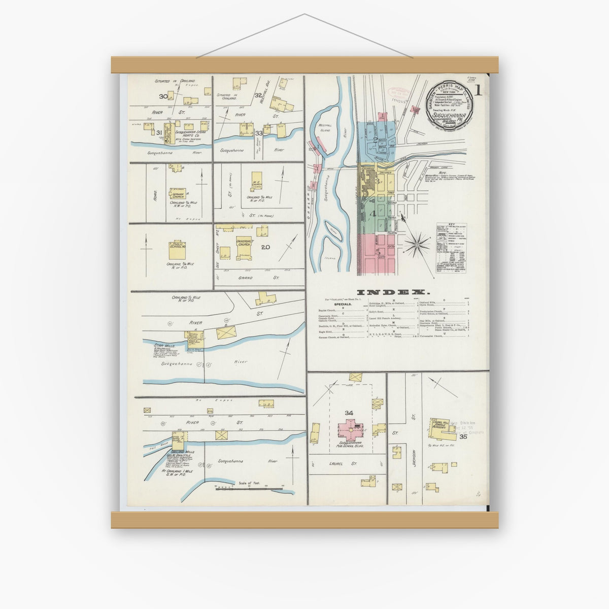Old map wall art mockup — magnetic wood frame on white wall — Sanborn Fire Insurance Map from Susquehanna, Susquehanna County, Pennsylvania (1892) - Complete Map Set