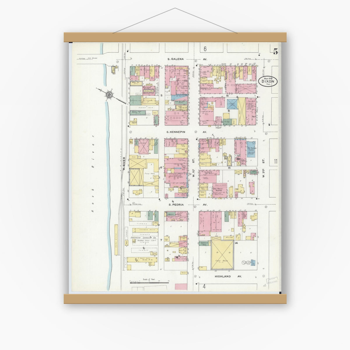 Old map wall art mockup — magnetic wood frame on white wall — Sanborn Fire Insurance Map from Dixon, Lee County, Illinois (1910), Sheet #0005