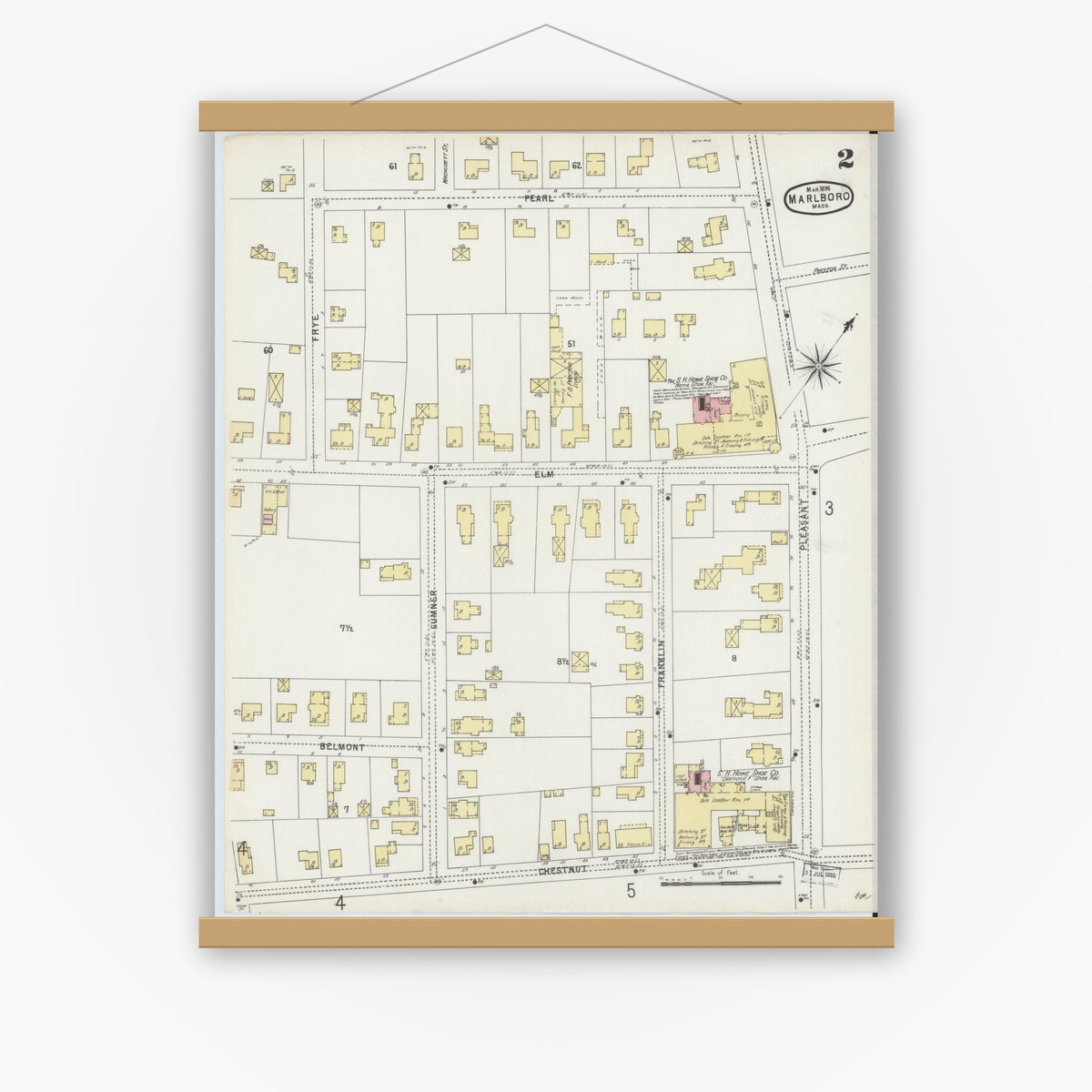 Old map wall art mockup — magnetic wood frame on white wall — Sanborn Fire Insurance Map from Marlborough, Middlesex County, Massachusetts (1896), Sheet #0002
