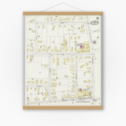 Old map wall art mockup — magnetic wood frame on white wall — Sanborn Fire Insurance Map from Marlborough, Middlesex County, Massachusetts (1896), Sheet #0002