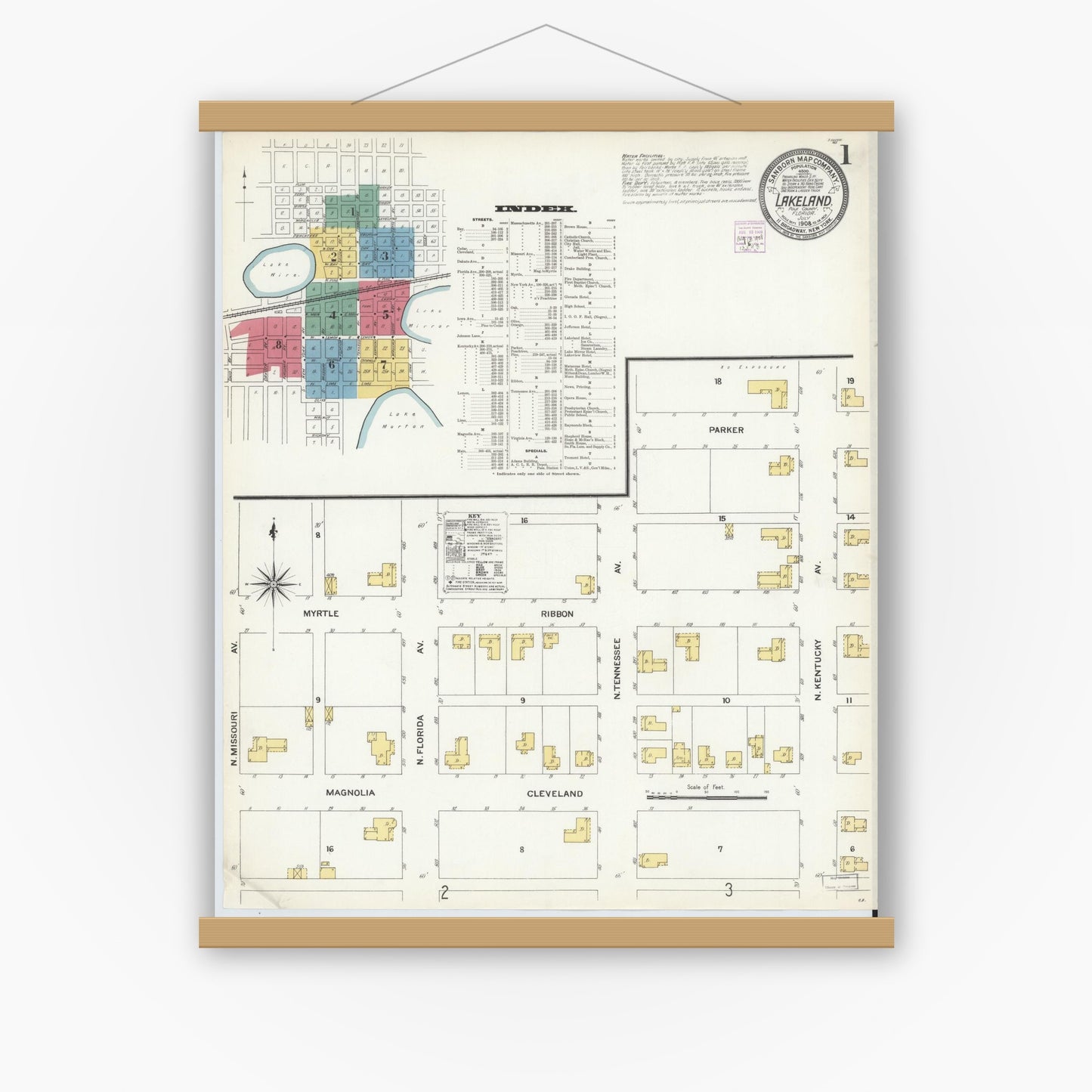 Old map wall art mockup — magnetic wood frame on white wall — Sanborn Fire Insurance Map from Lakeland, Polk County, Florida (1908), Sheet #0001