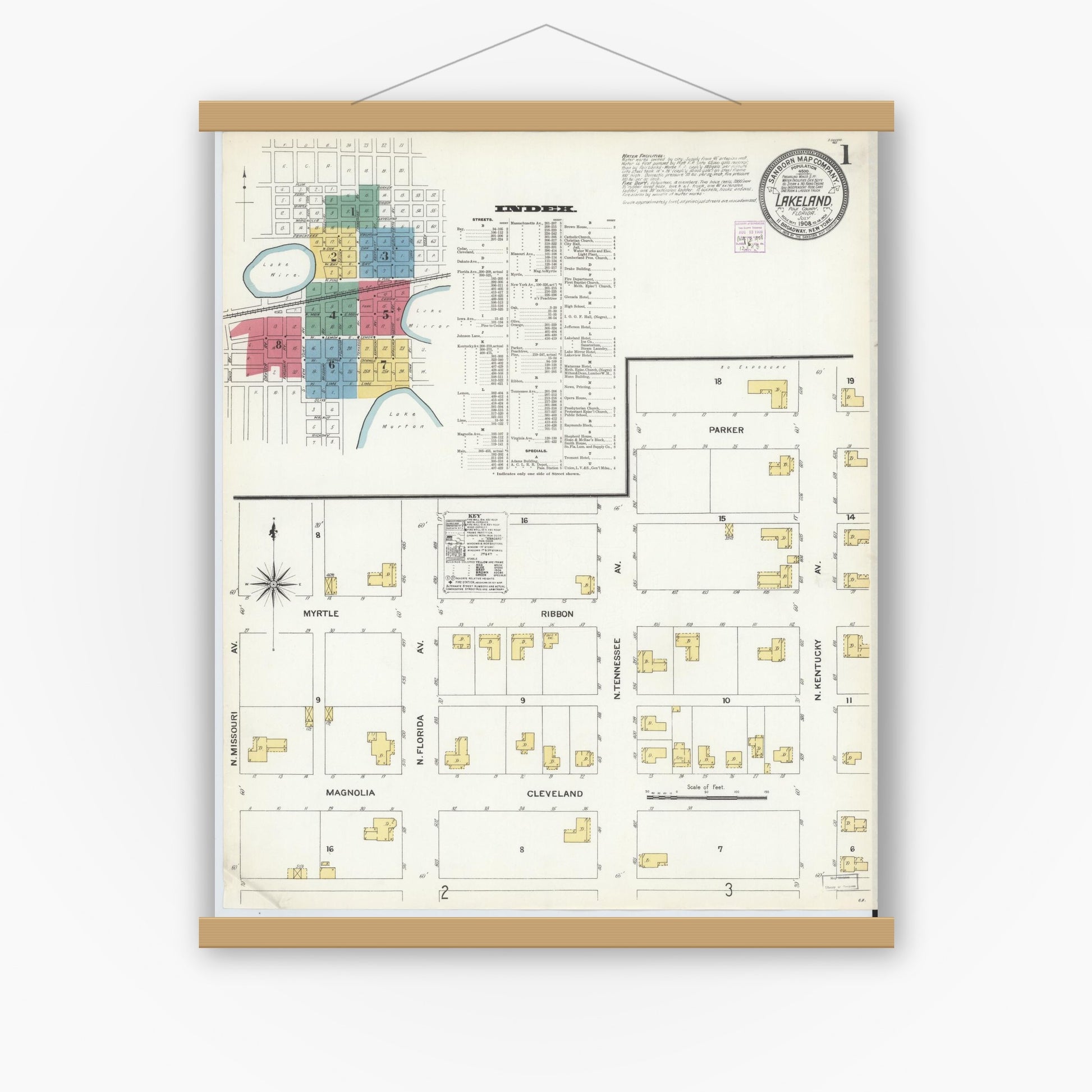 Old map wall art mockup — magnetic wood frame on white wall — Sanborn Fire Insurance Map from Lakeland, Polk County, Florida (1908), Sheet #0001