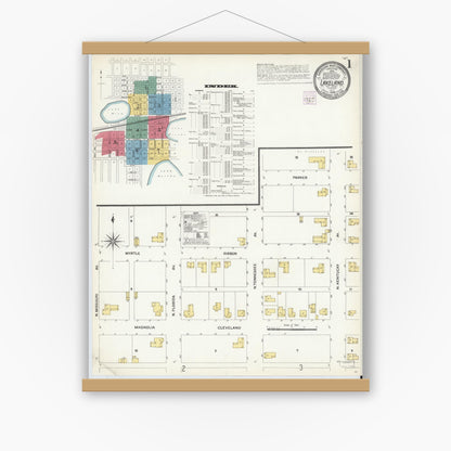 Old map wall art mockup — magnetic wood frame on white wall — Sanborn Fire Insurance Map from Lakeland, Polk County, Florida (1908), Sheet #0001