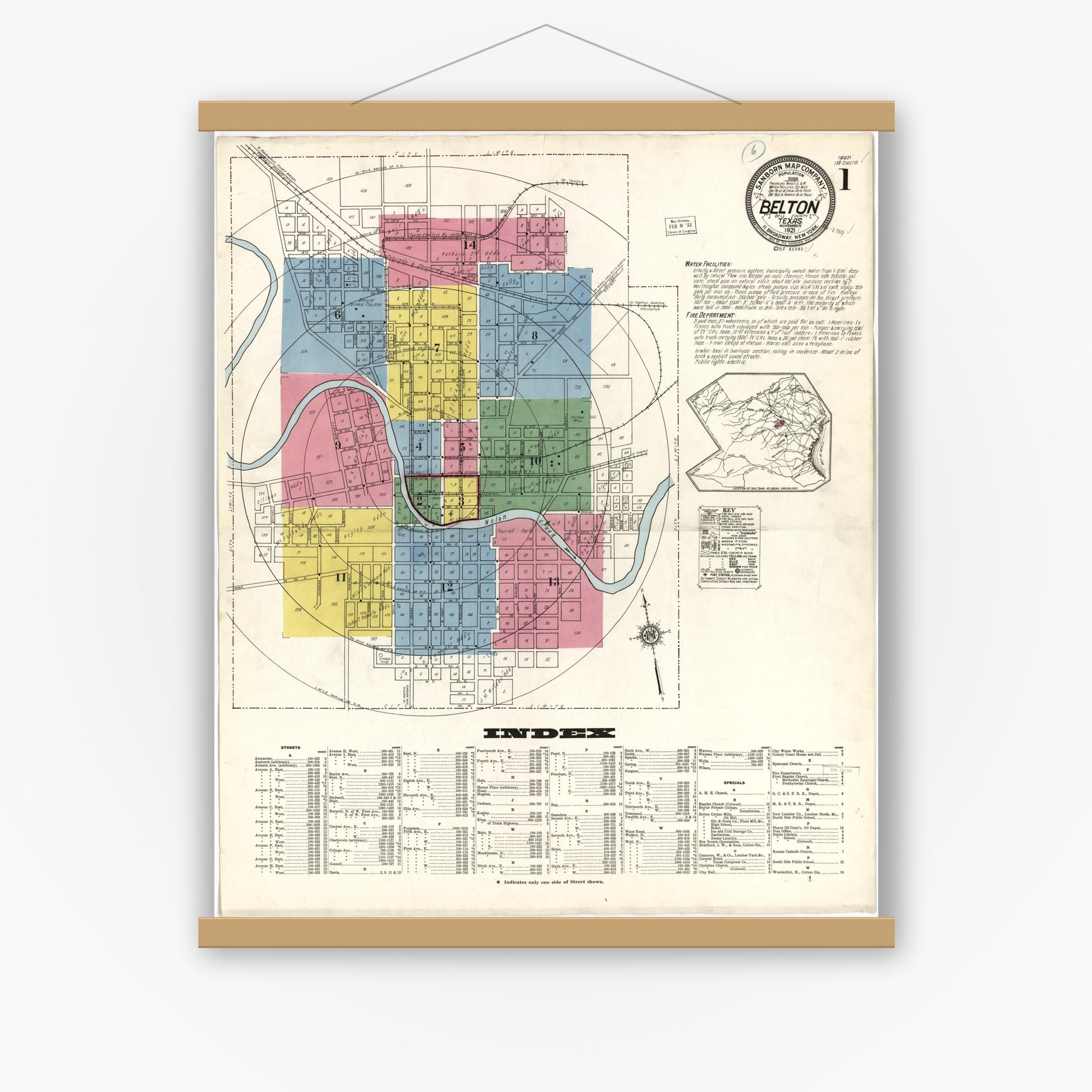 Old map wall art mockup — magnetic wood frame on white wall — Sanborn Fire Insurance Map from Belton, Bell County, Texas (1921), Sheet #0001