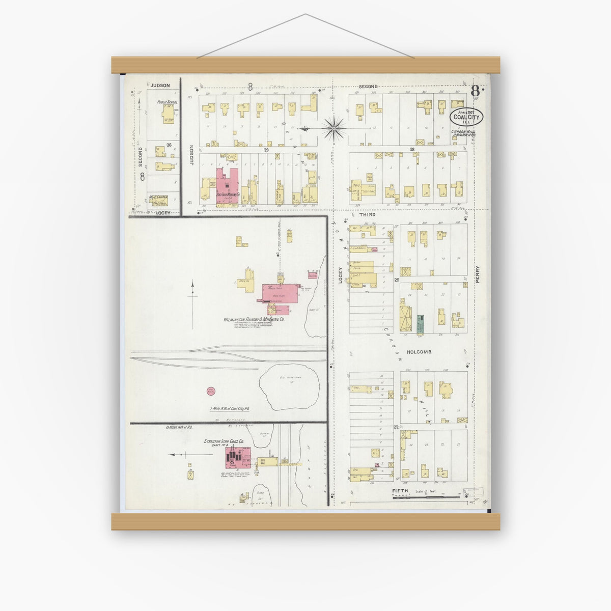 Old map wall art mockup — magnetic wood frame on white wall — Sanborn Fire Insurance Map from Coal City, Grundy County, Illinois (1907), Sheet #0008