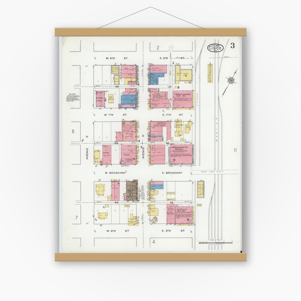 Old map wall art mockup — magnetic wood frame on white wall — Sanborn Fire Insurance Map from Cisco, Eastland County, Texas (1920), Sheet #0003