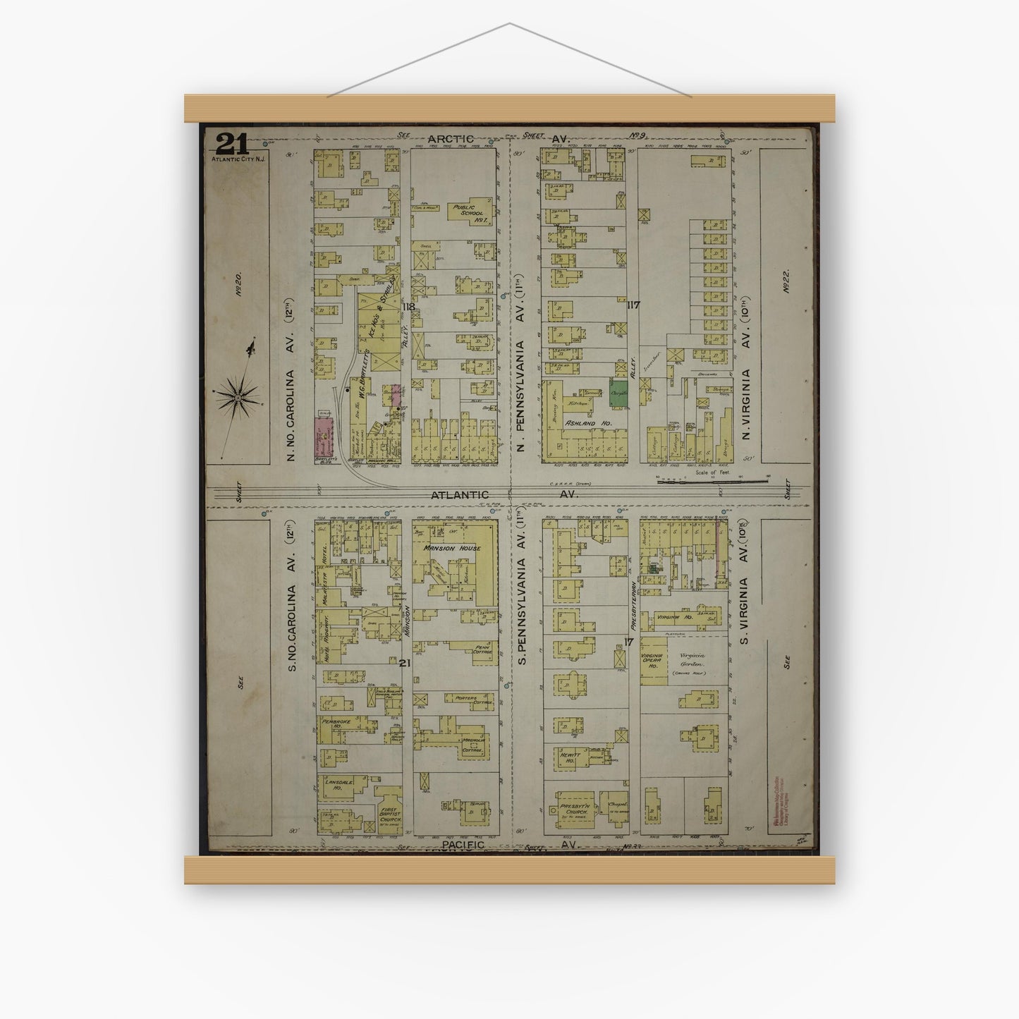 Old map wall art mockup — magnetic wood frame on white wall — Sanborn Fire Insurance Map from Atlantic City, Atlantic County, New Jersey (1886), Sheet #0021