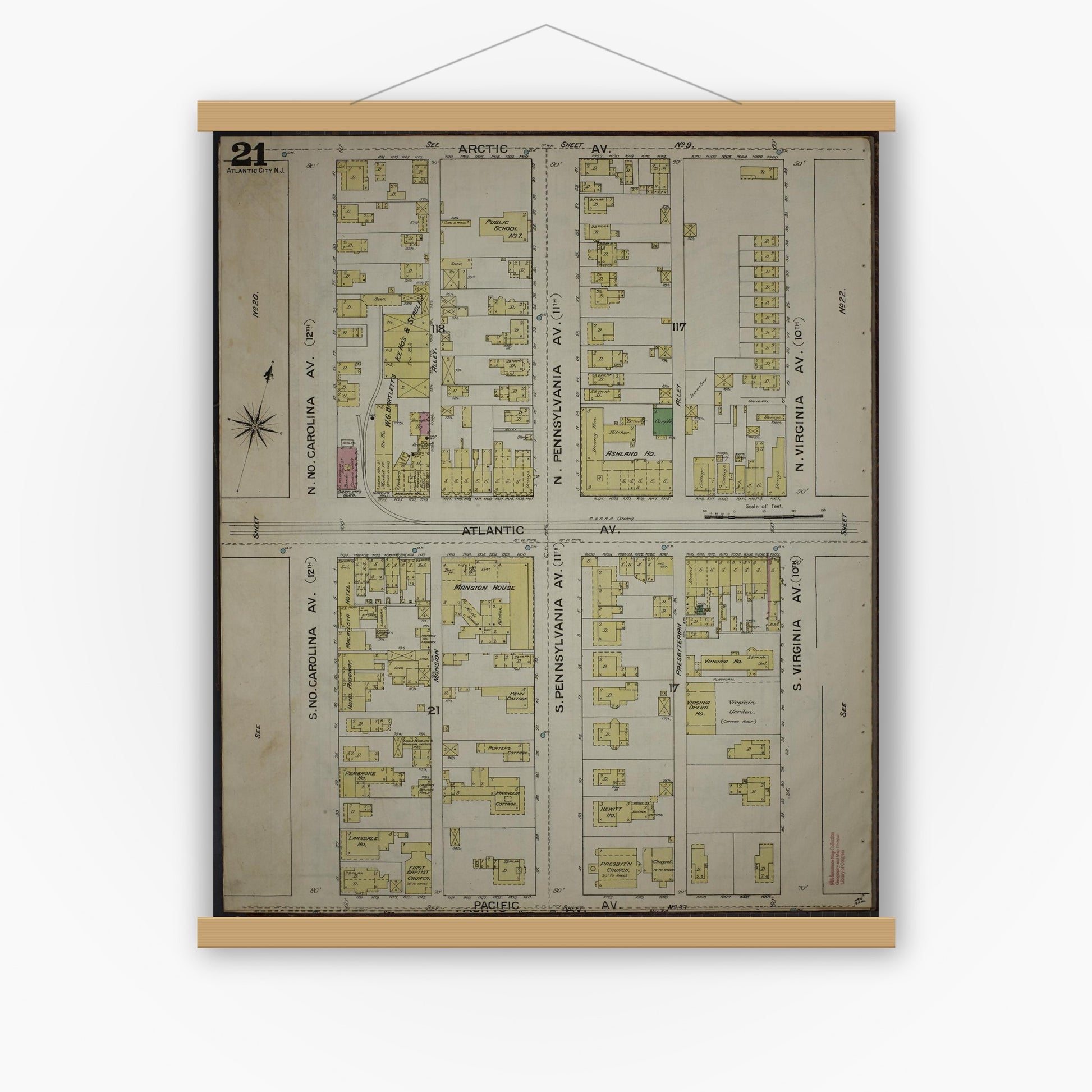 Old map wall art mockup — magnetic wood frame on white wall — Sanborn Fire Insurance Map from Atlantic City, Atlantic County, New Jersey (1886), Sheet #0021