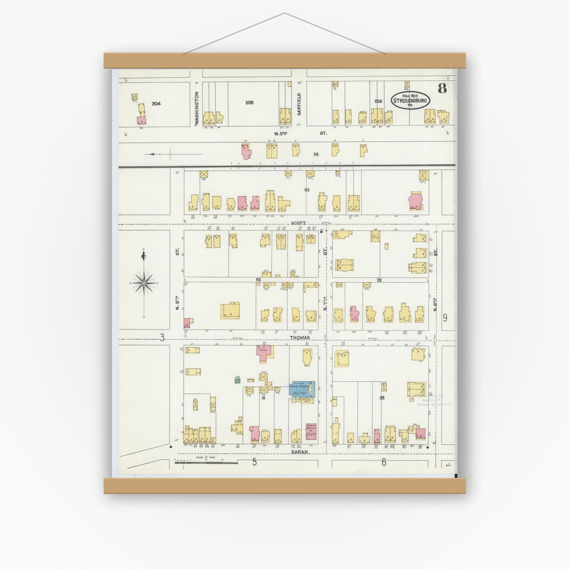 Old map wall art mockup — magnetic wood frame on white wall — Sanborn Fire Insurance Map from Stroudsburg, Monroe County, Pennsylvania (1905), Sheet #0008
