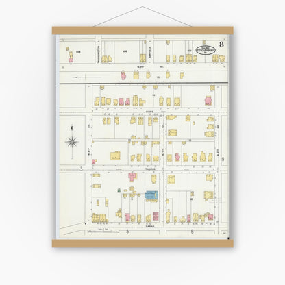 Old map wall art mockup — magnetic wood frame on white wall — Sanborn Fire Insurance Map from Stroudsburg, Monroe County, Pennsylvania (1905), Sheet #0008