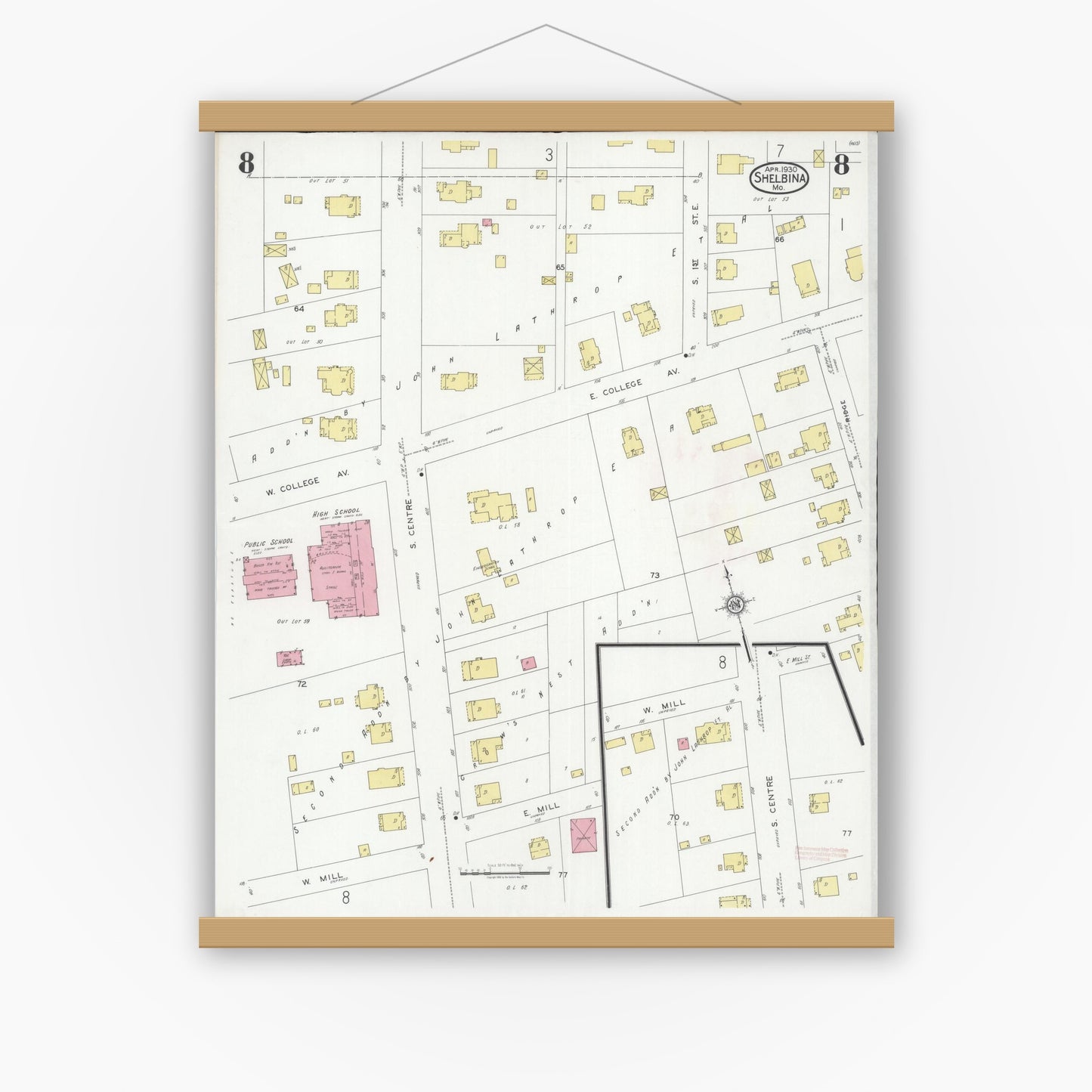 Old map wall art mockup — magnetic wood frame on white wall — Sanborn Fire Insurance Map from Shelbina, Shelby County, Missouri (1930), Sheet #0008
