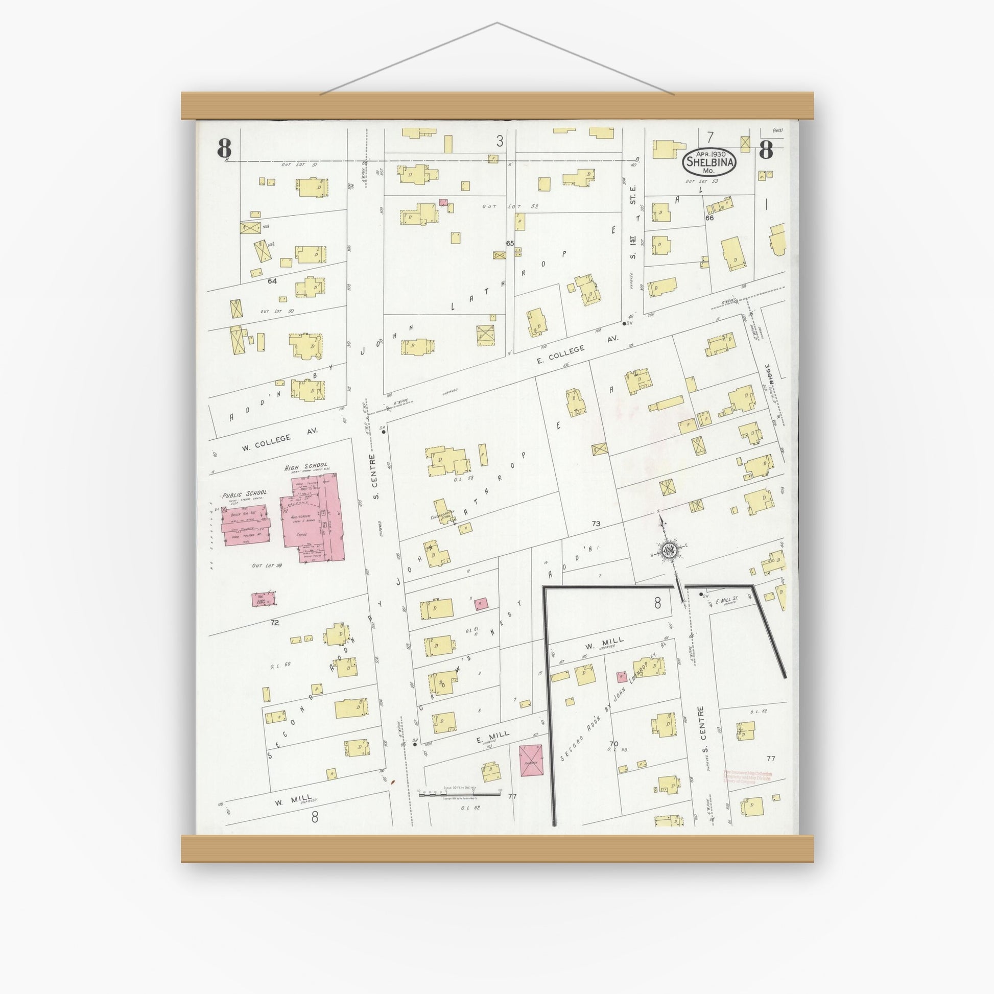 Old map wall art mockup — magnetic wood frame on white wall — Sanborn Fire Insurance Map from Shelbina, Shelby County, Missouri (1930), Sheet #0008