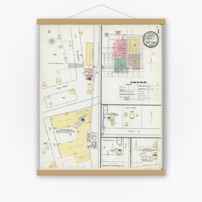 Old map wall art mockup — magnetic wood frame on white wall — Sanborn Fire Insurance Map from Honey Grove, Fannin County, Texas (1892), Sheet #0001