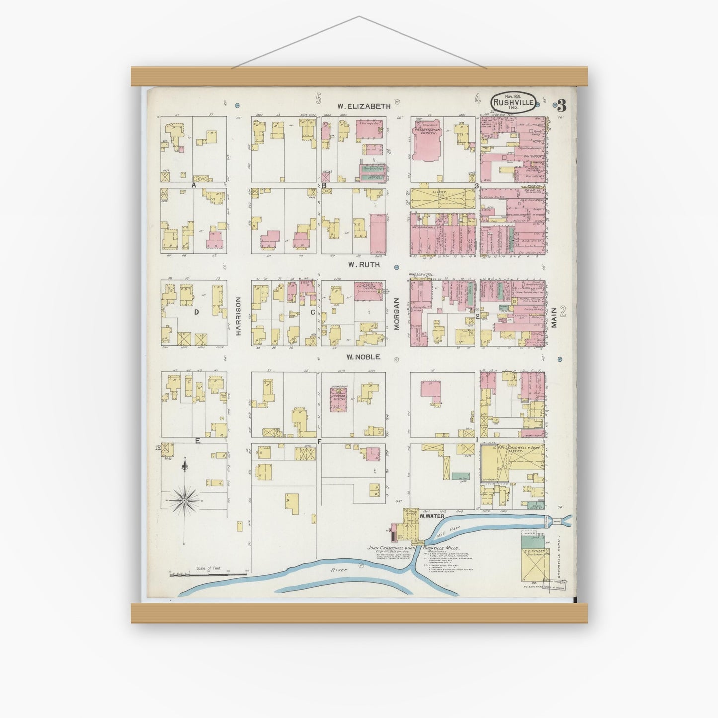 Old map wall art mockup — magnetic wood frame on white wall — Sanborn Fire Insurance Map from Rushville, Rush County, Indiana (1892), Sheet #0003